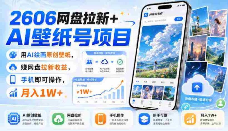 2606网盘拉新+AI壁纸号项目,用AI绘画原创壁纸,賺网盘拉新收益,手机即可操作,月入1W+-极速网创