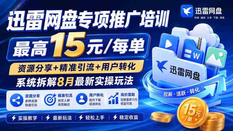 (19901期)迅雷网盘专项推广培训-更新8月——最高15元/每单,资源分享+精准引流+用户转化,系统拆解最新实操玩法-极速网创